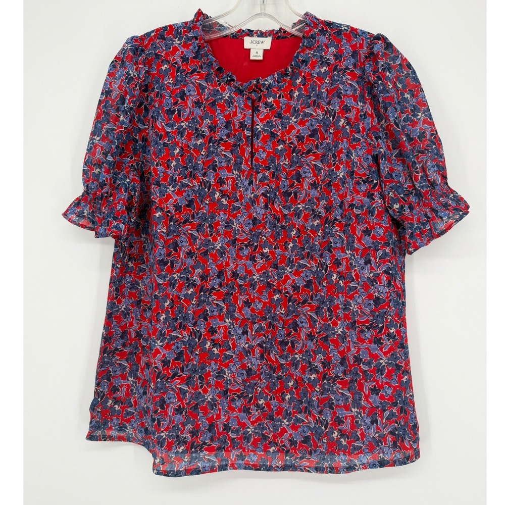 J.Crew Floral Blouse Womens S Red Blue Excellent Ruffle Neck Puff Sleeve Top